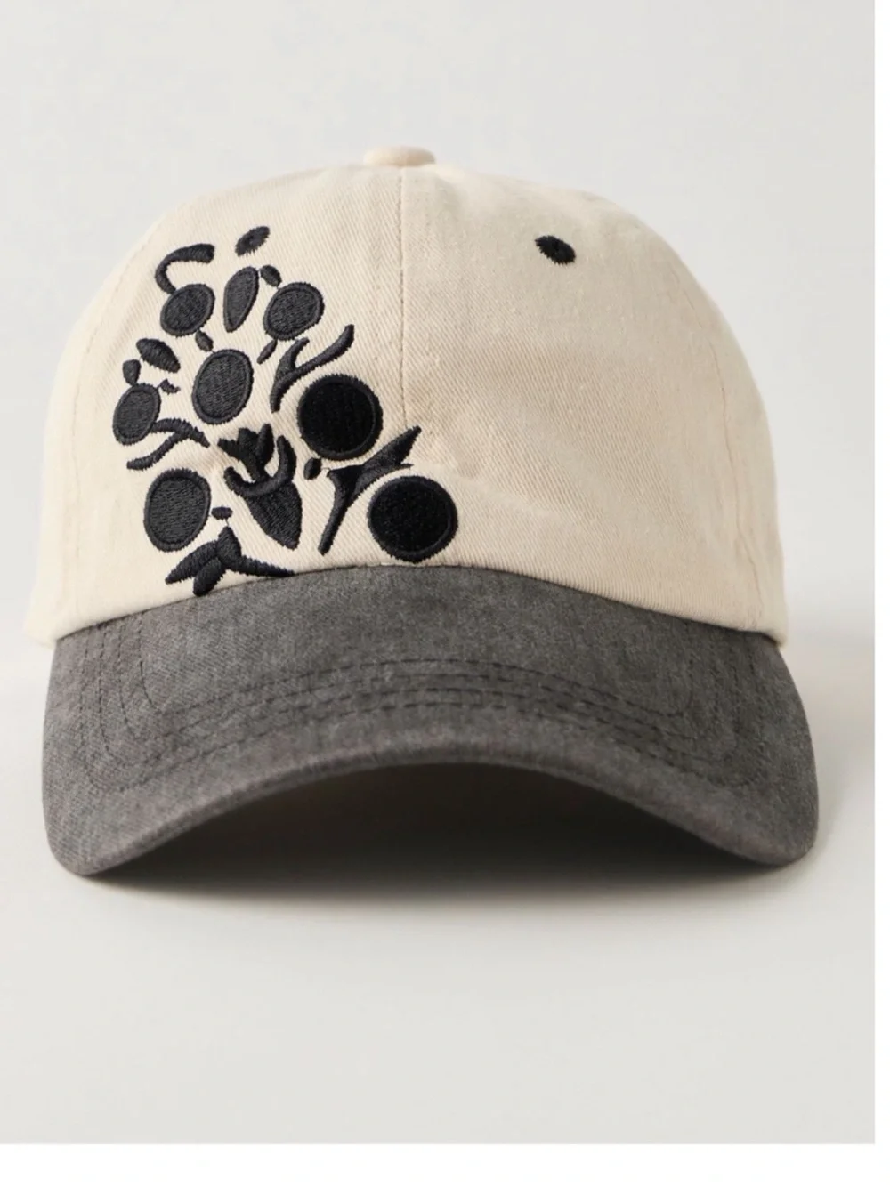 Free People Two-Tone Embroidered Floral Baseball Cap - Cream & navy and black